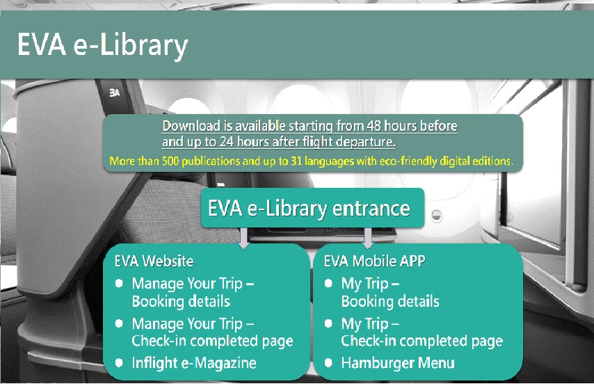 Using the EVA e-Library service, passengers can enjoy as many as 500 different publications in 31 languages, covering a wide range of topics with regularly updated selections. Passengers can access the service through EVA official website or EVA Mobile APP.