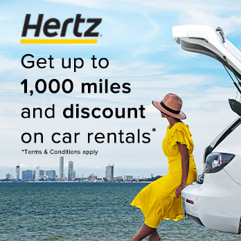 Get up to 1,000 miles and 10% discount on car rentals worldwide with HERTZ