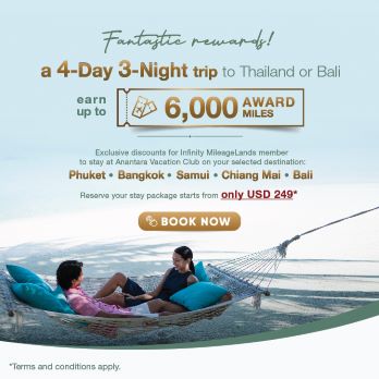 Fantastic reward a 4-Day 3-Night trip to Thailand or Bali earn up to 6,000 Award Miles!