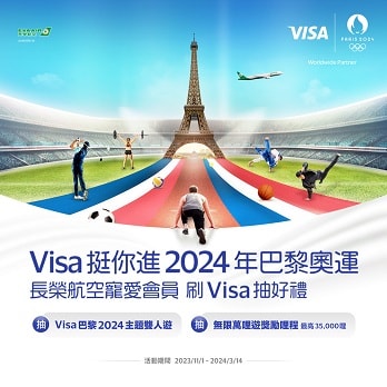 【奧運之旅！會員限定】Visa 2024年巴黎奧運主題雙人遊抽獎活動，還有最高35,000哩豐富好哩！
