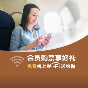 免费Wi-Fi让您立即在高空中与亲友分享飞行途中的美好！会员官网购票享免费机上Wi-Fi！