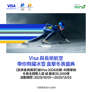 【會員獨享冬奧之旅/最高35,000哩】Visa 2026米蘭-科爾蒂納冬奧主題雙人遊抽獎活動