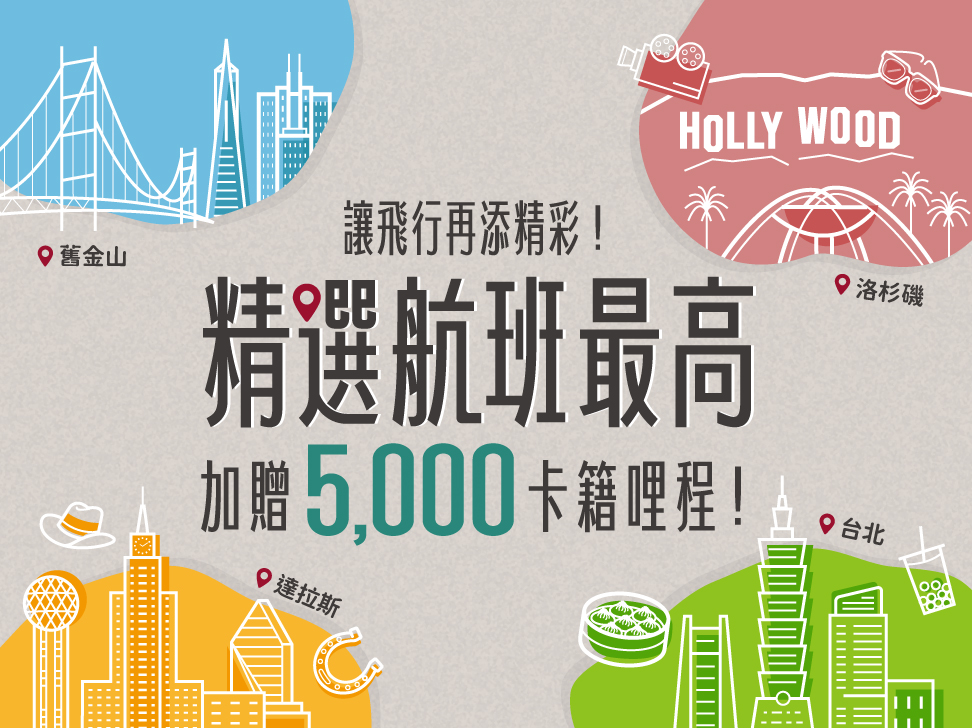 精選航班最高加贈5,000卡籍里程!